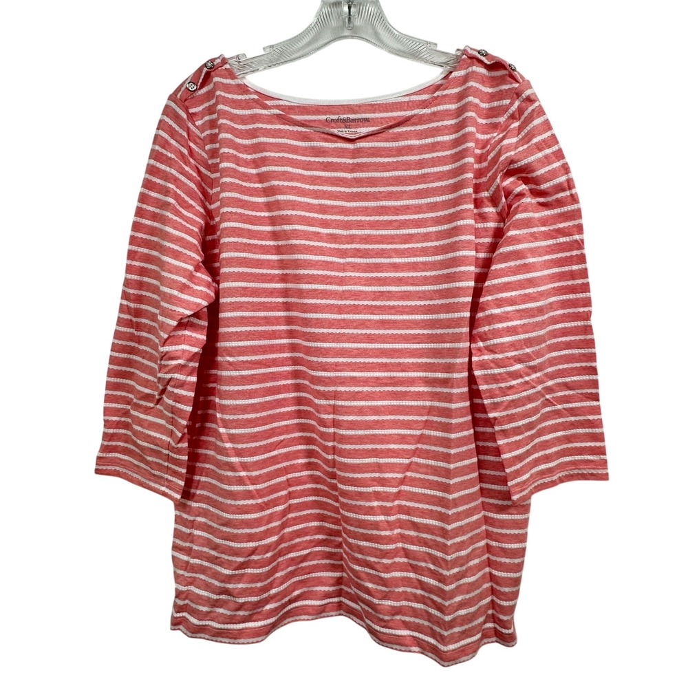 Croft & Barrow Womens XL Coral Pink White Striped Boat Neck 3/4 Sleeve Top